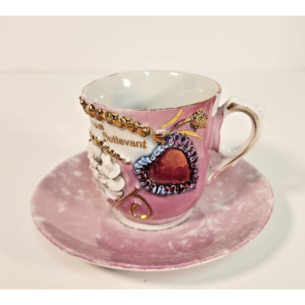 A Present From Buttevant Cup and Saucer Gilded Hand Painted Embossed German (G1)